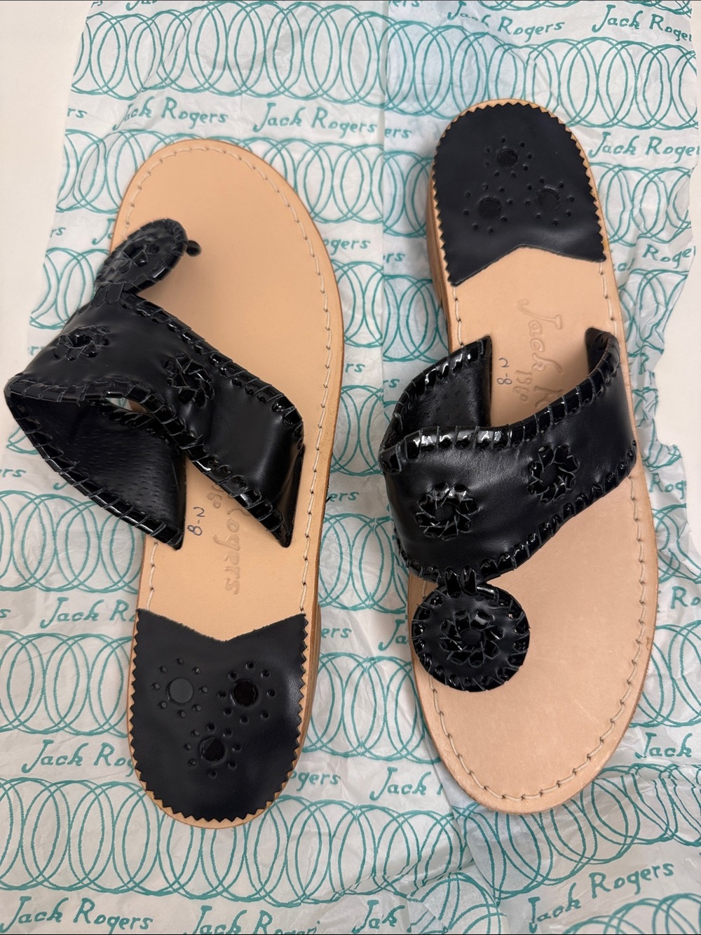 Jack Rogers Black Leather Navajo Sandals with Tan Footbed